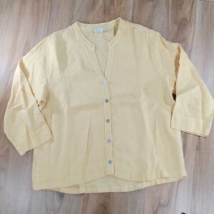 🔹️Hot Cotton Yellow Linen Buttoned 3/4 Sleeve Top Medium